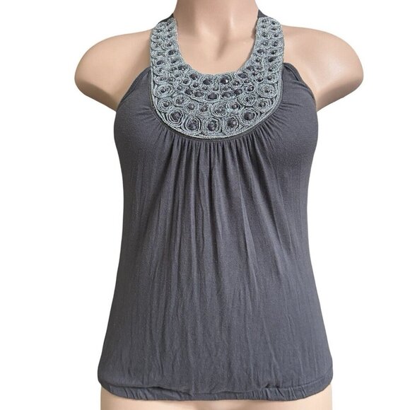 JULIE'S CLOSET Beaded Jeweled Tank Top Women's Small Gray Blouson Stretch Knit - Picture 1 of 15